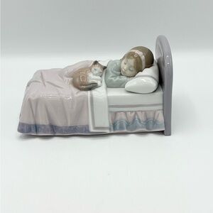 Porcelain Sleeping Child and Cat Figurine - Cream, Brown, Gray